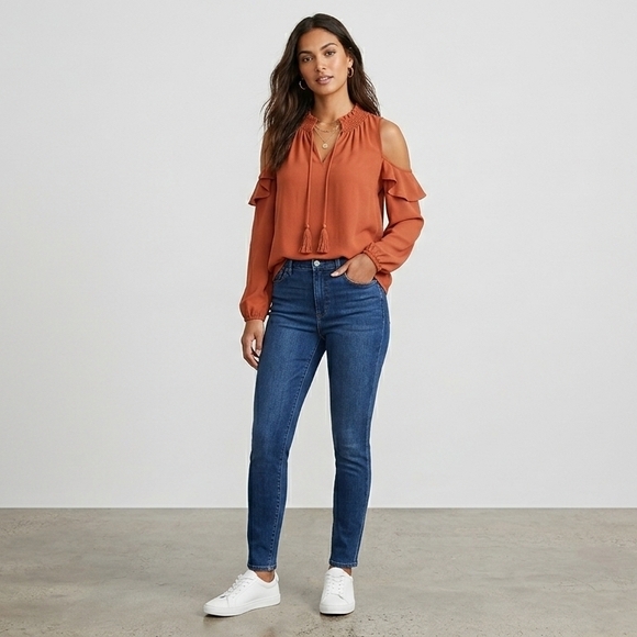 Kensie Tops - Kensie Rust Cold-Shoulder Ruffle Blouse